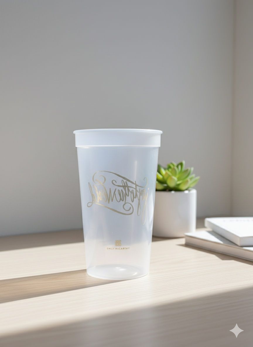 Emily McCarthy Gold Logo Reusable Plastic Tumbler