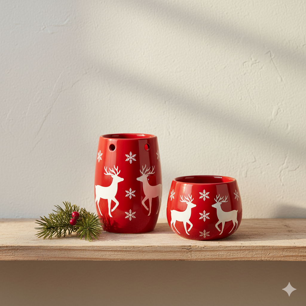 Ceramic Reindeer & Snowflake Candle Holder Set - Image 2