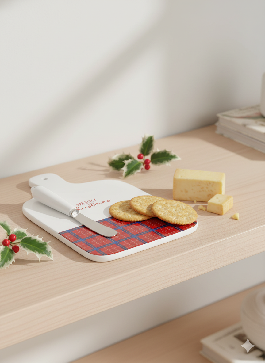 Holiday Plaid Serving Board with Spreader