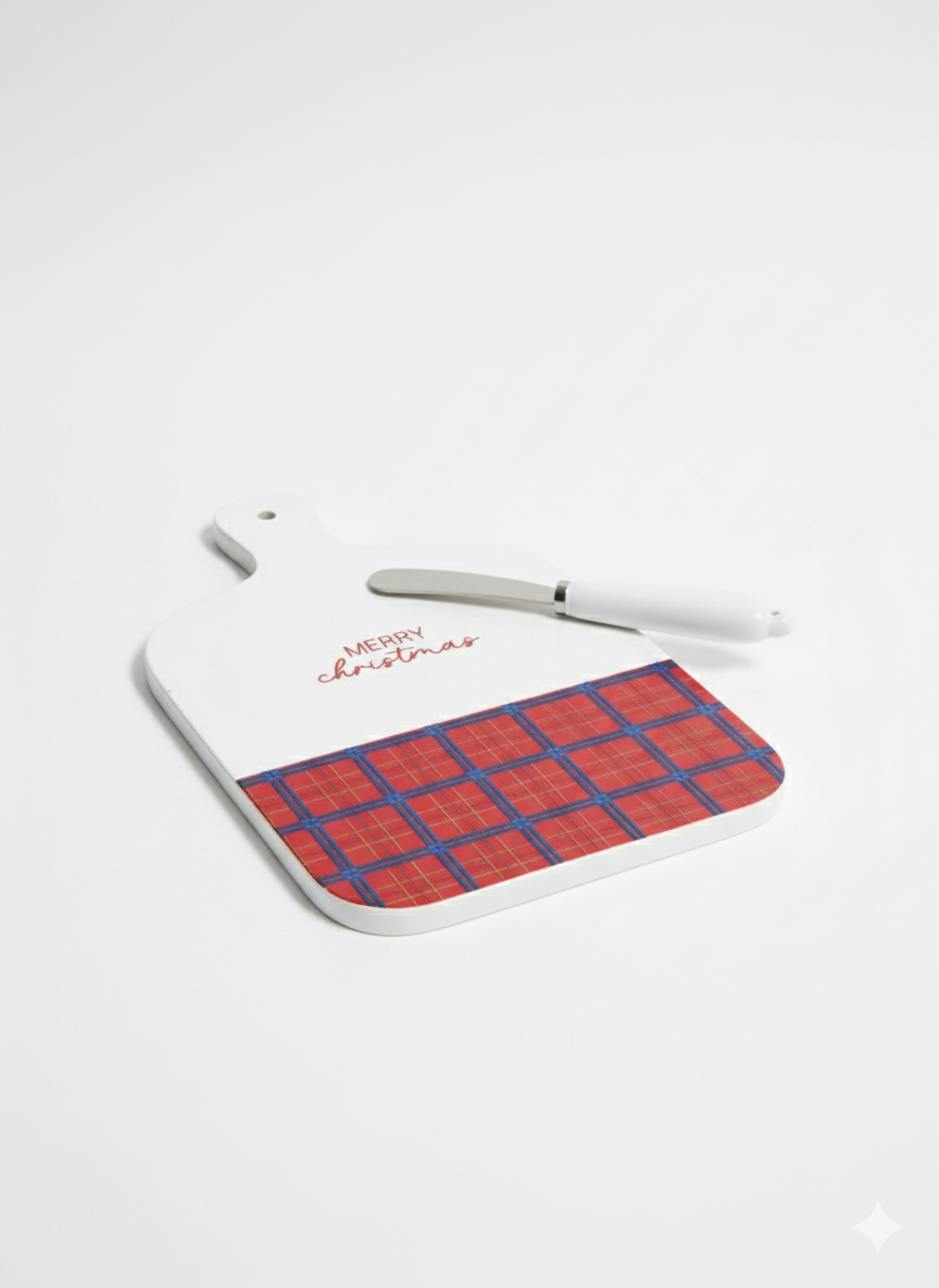 Merry Christmas Plaid Mini Cheese Board and Spreader Set