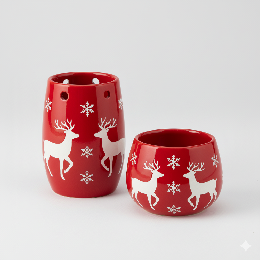 Ceramic Reindeer & Snowflake Candle Holder Set