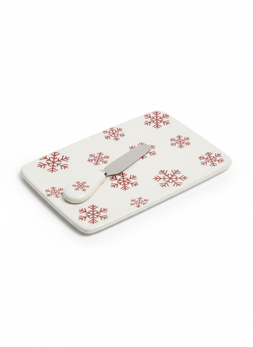 Stoneware Serving Board with Spreader, Christmas Snowflake Print