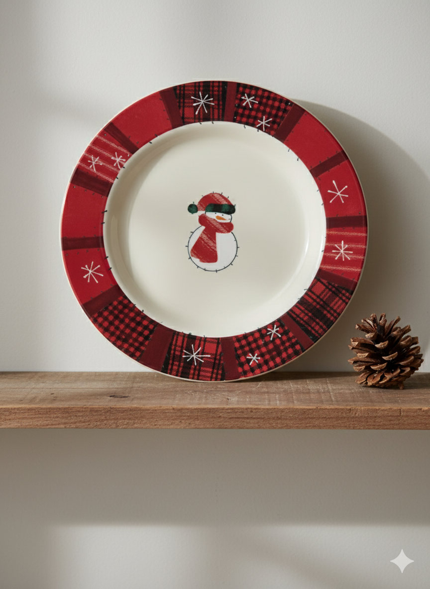 Plaid Snowman Holiday Dessert Plate