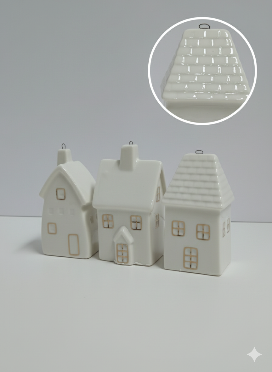 White Ceramic Village Houses Ornaments